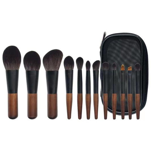 12-piece mini makeup brush set, fiber bristles, black handles, with zip storage pouch