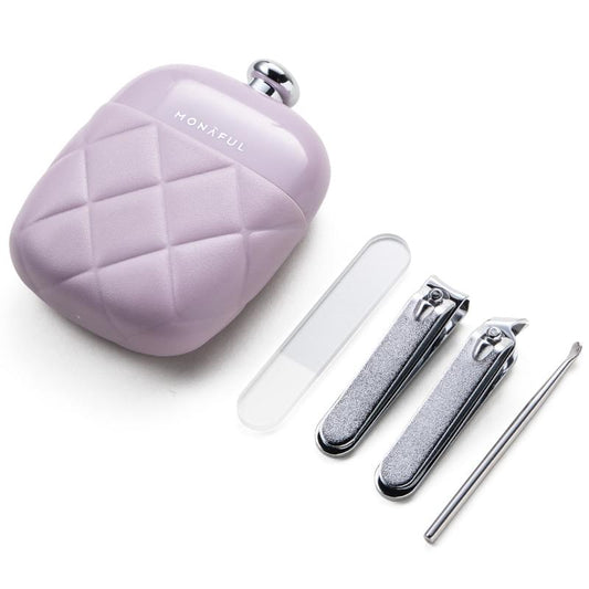 Lilac quilted nail care kit case with metal manicure tools: file, clippers, tweezers