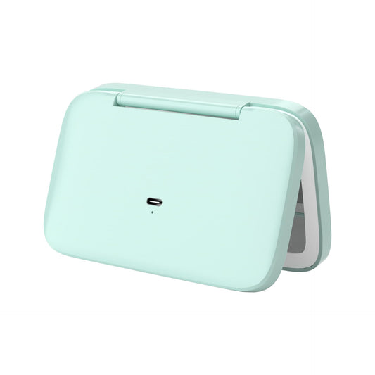 Foldable LED makeup mirror, mint green clamshell case with built-in touch switch