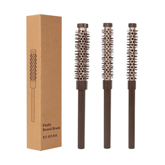 Fluffy round hair brush set with three ceramic heated barrels and dark handles
