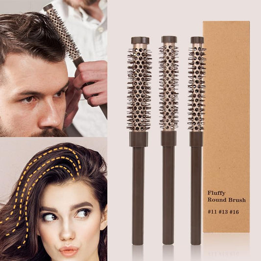 Fluffy round hair brush set of three with spiked bristle barrels and dark handles