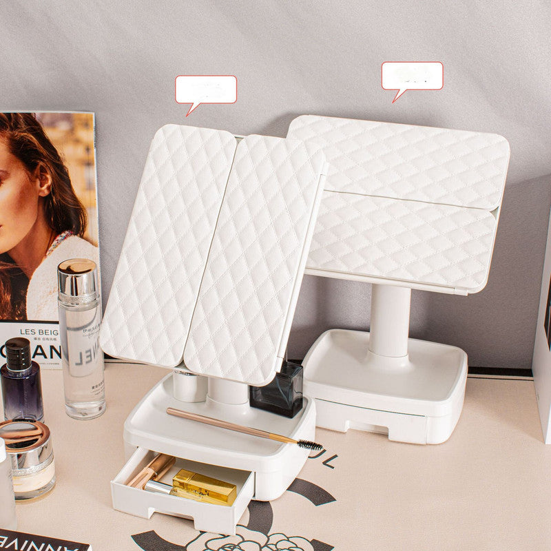 Elegant Tri-Fold Shell LED Vanity Mirror - Smart Makeup Gift with Storage & Illumination