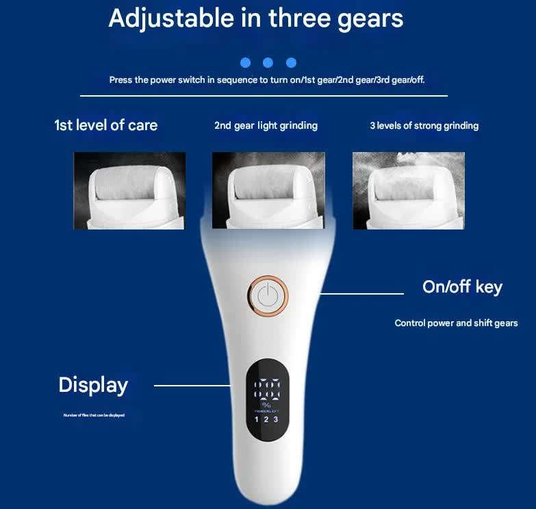White Professional Electric Foot Callus Remover - Rechargeable Pedicure Tool with 3 Adjustable Speeds, Smart LED Display, and 3 Replaceable Grinding Heads for Smooth Feet