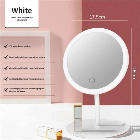 White round tabletop vanity mirror with LED ring light and stand, front view.