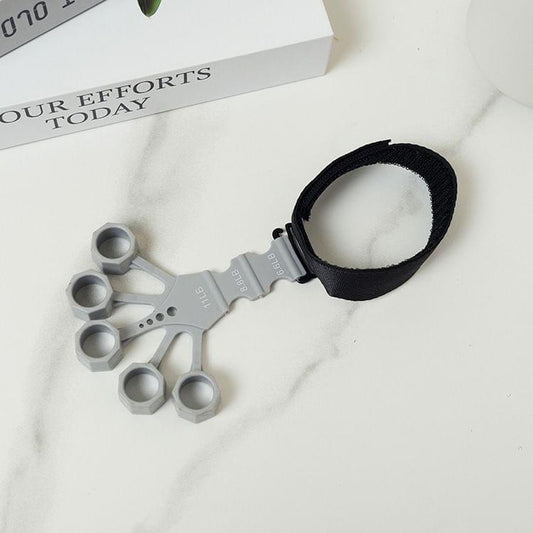 Finger strengthener set with gray metal knuckles and black wrist strap