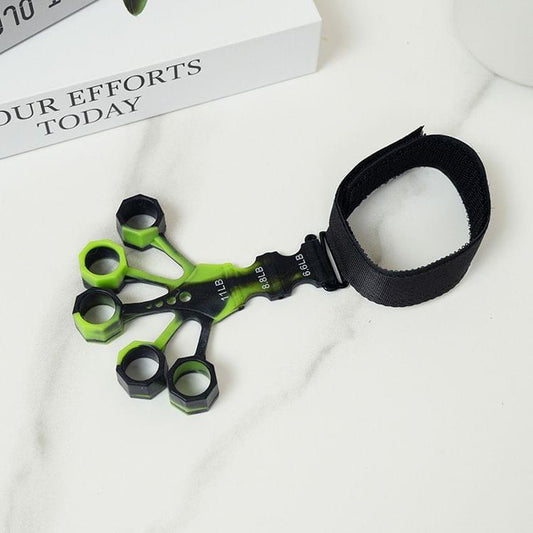 Lime green and black finger strengthener with circular grips and wrist strap
