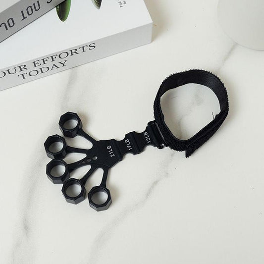 Black finger exerciser hand grip trainer with five hex-ring handles and strap