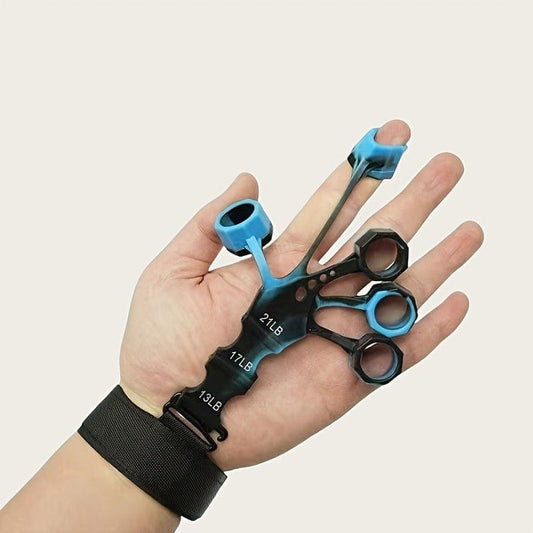 Blue-and-black finger exerciser worn on hand with five adjustable grip rings