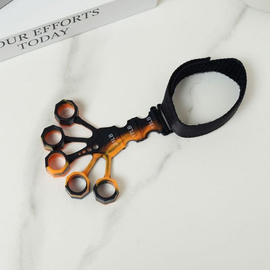 Orange silicone finger exerciser set with adjustable resistance and black wrist strap