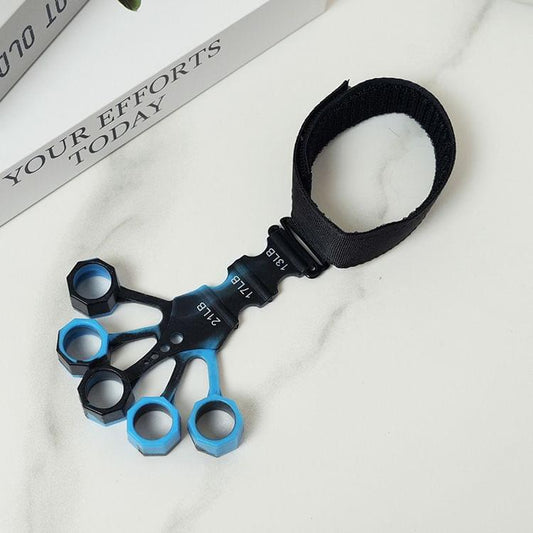 Hand strengthener finger exerciser with black strap and blue ring grips, adjustable resistance