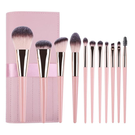 Pink makeup brush set with travel case, 11 brushes with soft bristles