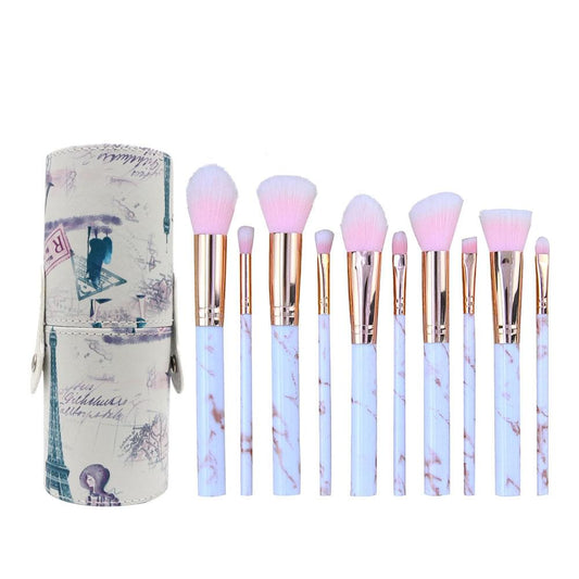 10-piece makeup brush set with white marble handles, gold ferrules, pink bristles