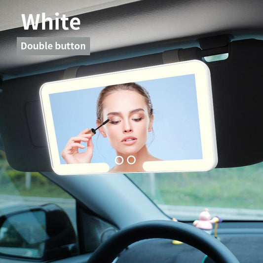 White double-button car visor makeup mirror with LED light, woman applying makeup