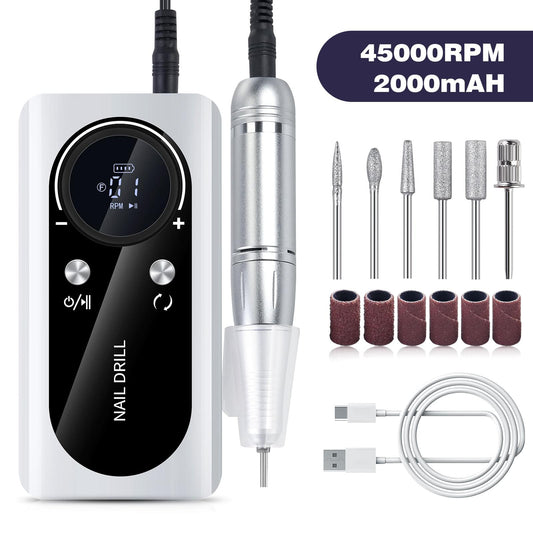 White and silver rechargeable nail drill with black digital speed display panel