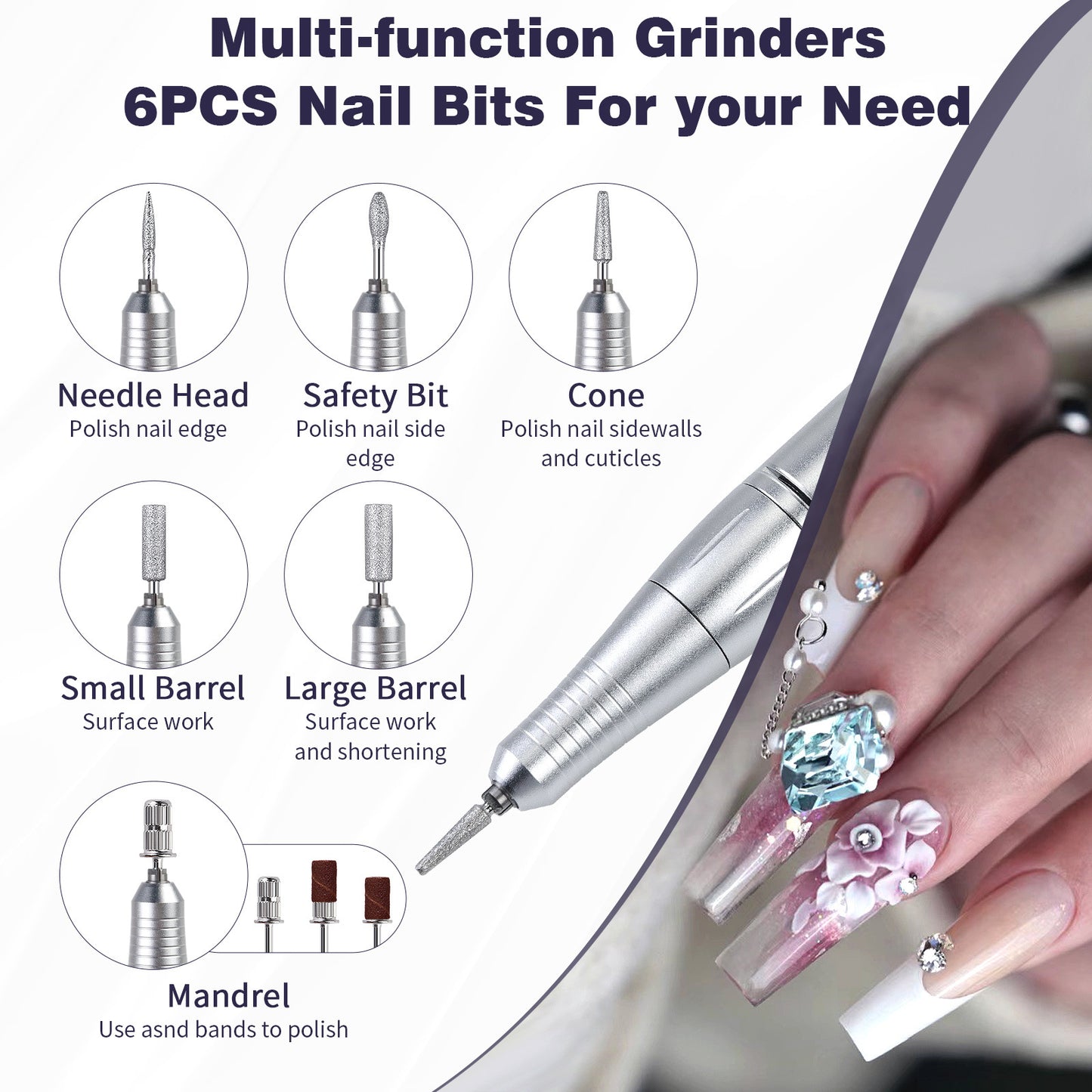 White Professional 45000RPM Rechargeable Nail Drill - Portable Electric Nail File for Manicure & Pedicure