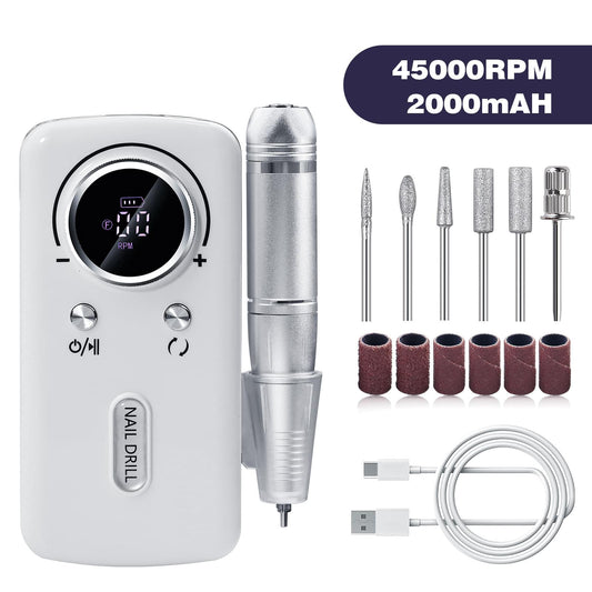 White cordless electric nail drill with silver handpiece and dial controls
