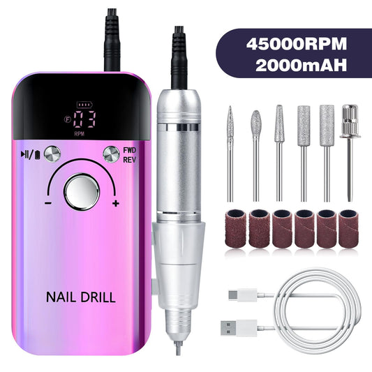 Purple and silver electric nail drill set with handpiece, drill bits, sanding caps and cable