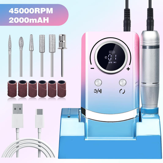 Pink and blue portable electric nail drill base with LCD screen and silver handpiece