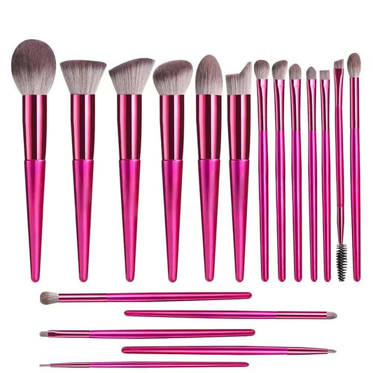 18-piece makeup brush set with pink handles and rounded beige synthetic bristles
