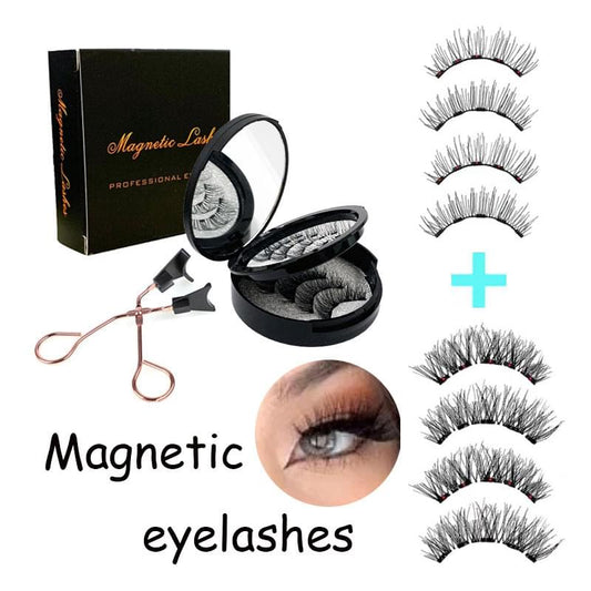 Magnetic false eyelash set with mirror case, applicator clip, and 3 lash pairs