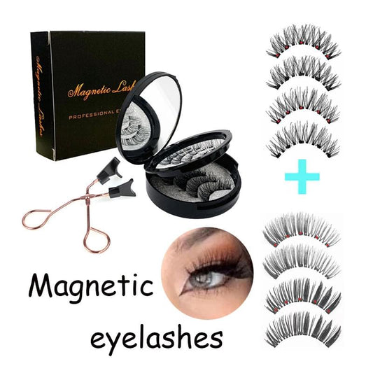 Magnetic false eyelashes set with 3 pairs, applicator clip, and mirror case
