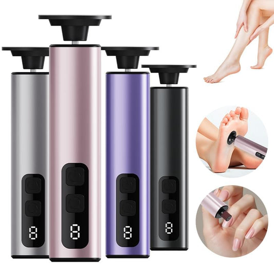Rechargeable electric foot file set in purple, pink, gray, and black with control panels