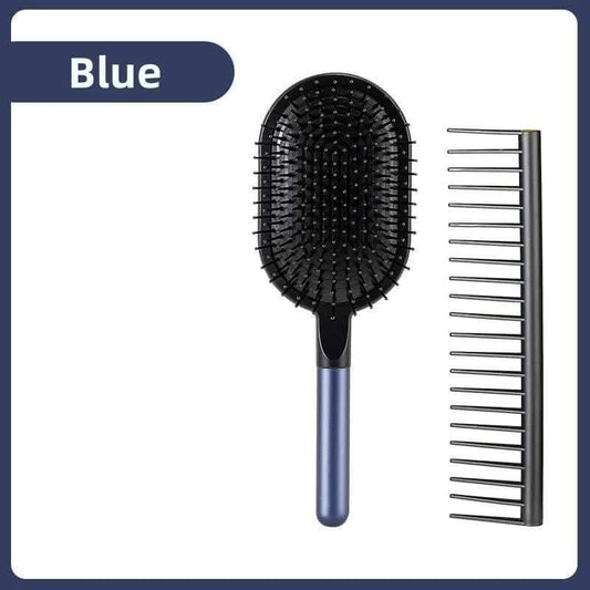 Blue air cushion massage paddle brush with wide-tooth comb, black bristles