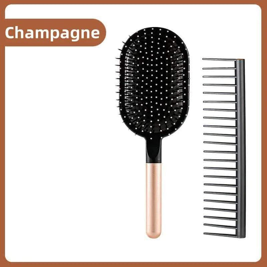 Champagne paddle hair brush with oval black pad and matching wide-tooth comb