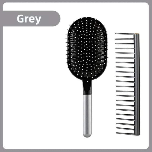 Grey air-cushion hair brush set with black bristle pad and wide-tooth comb