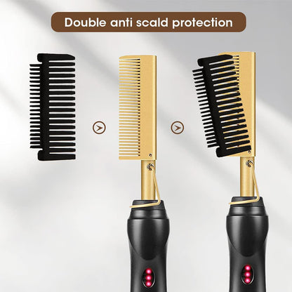 Gold and Black Electric Hot Comb Hair Straightener - Fast Heating Styling Tool with 3 Temp Settings & Anti-Scald Guard