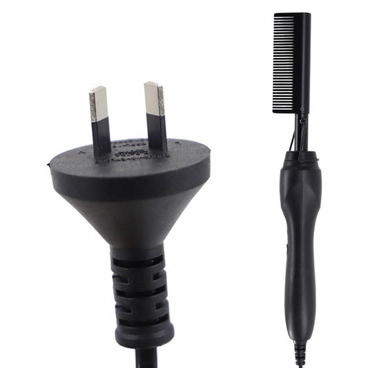 Black electric hot comb hair straightener with upright comb and plug base