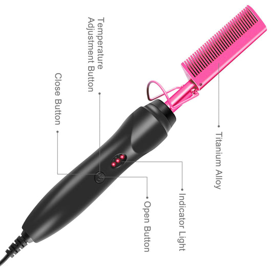 Hair straightener hot comb with black handle and pink comb head, indicator lights on side.