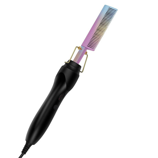 Electric hot comb hair straightener with pink ridged plates and black handle