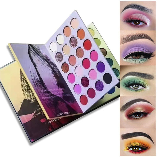 Eyeshadow palette book angled with colorful circular pans and eye look swatches