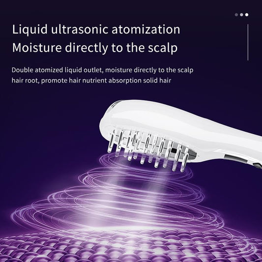 White ultrasonic hair growth comb with wide row of metal teeth and tip nozzle