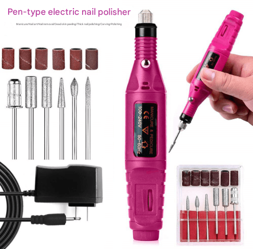 Pink portable electric nail drill pen with bit set and USB charging cord
