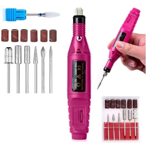 Pink electric nail drill pen with sanding bits and protective caps in kit set