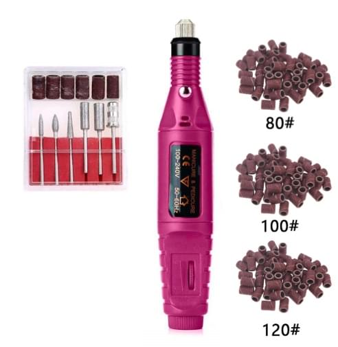 Electric nail drill kit with pink handpiece, sanding bits, and 80/100/120# sleeves