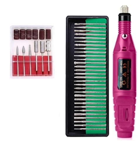 Portable electric nail drill kit with pink drill pen, bit set, and sanding caps