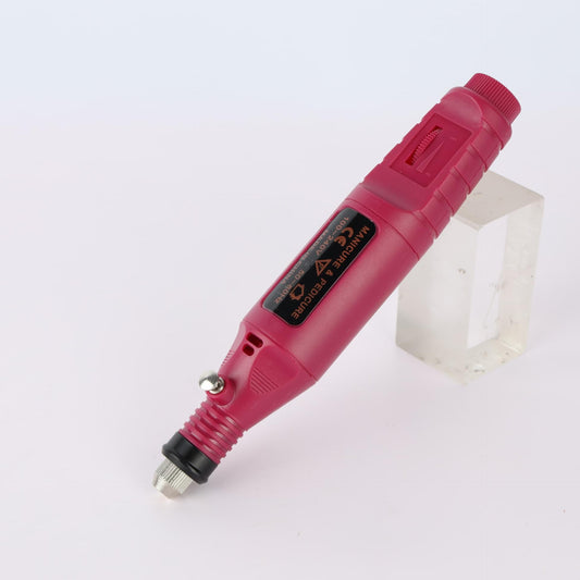 Portable electric nail drill pen with metal tip, pink body and power switch