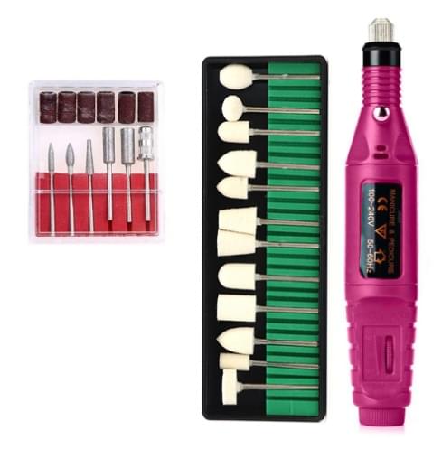 Electric nail drill tool kit with pink pen grinder and white sanding bits in case