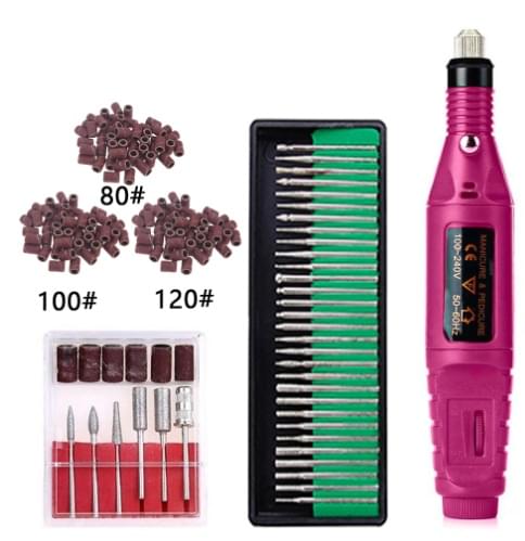 Portable electric nail drill kit with sanding bits, grinding caps, and pink handle