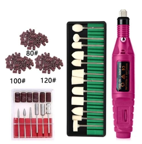 Pink electric nail drill pen with assorted sanding bits and grinding caps set