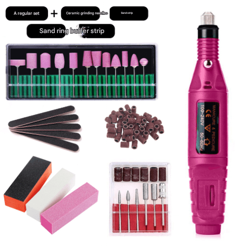 Pink electric nail drill kit with assorted sanding bits and buffer blocks in box