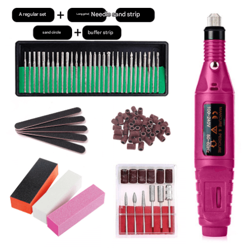 Pink electric nail drill kit with long grinding needles and sanding/buffer attachments