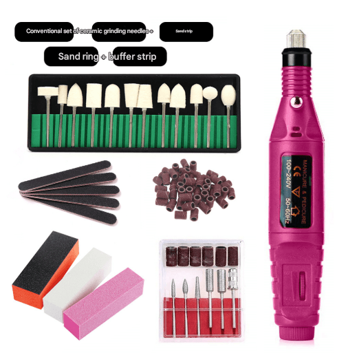 Electric nail drill kit with purple handpiece and sanding bits, buffers, and accessories