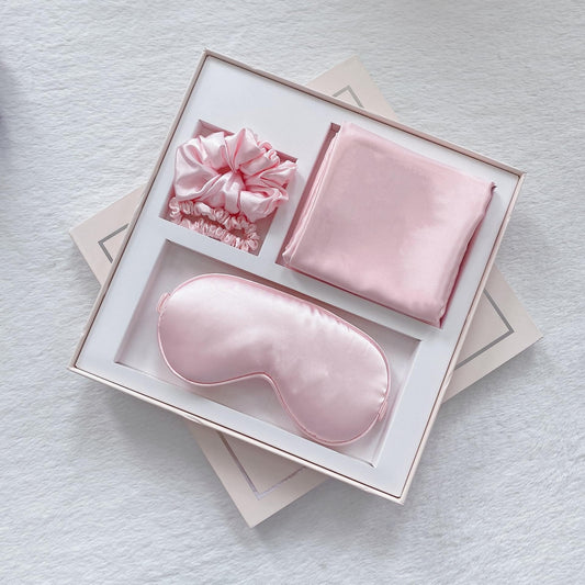 Pink satin sleep mask set in gift box: eye mask, pillowcase, scrunchie