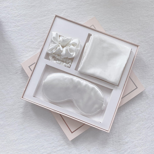 White satin sleep mask gift set with pillowcase and bow hair accessories
