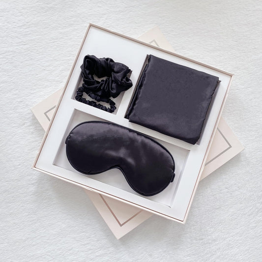 Luxury sleep mask gift set in box with eye mask, pillowcase, and hair tie