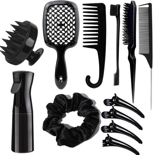 Black hair detangling brush set with comb, scrunchie, and styling accessories